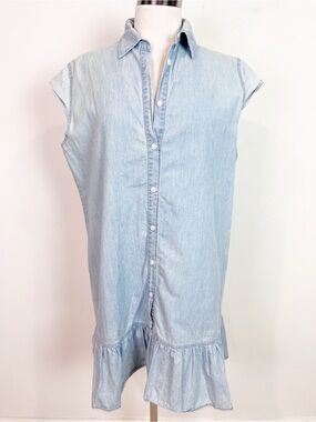 BELINDA BLUE CHAMBRAY CAP SLEEVE PEPLUM HEM BUTTON FRONT DRESS SZ SMALL